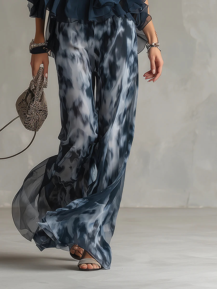 Navy Halter Neck Top And Printed Wide-leg Pants Chiffon Set