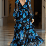 VESTIDO LARGO DE GASA FLORAL ACUARELA EN NEGRO Y PETRÓLEO - VALERINA MARBELLA