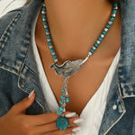 COLLAR VINTAGE BOHEMIO STYLE TURQUESA PERLES FEUILLE COLGANTE