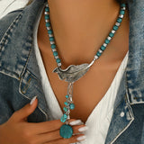 COLLAR VINTAGE BOHEMIO STYLE TURQUESA PERLES FEUILLE COLGANTE