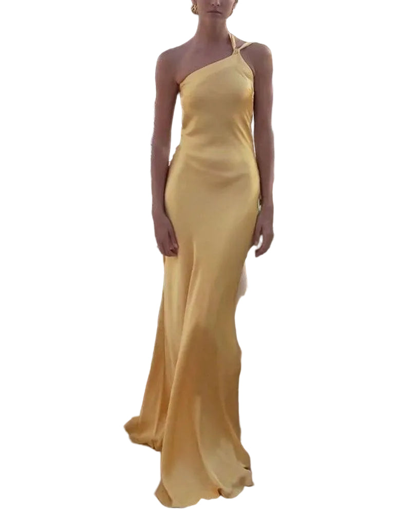 Vestido de festa elegante com ombros inclinados e cor sólida
