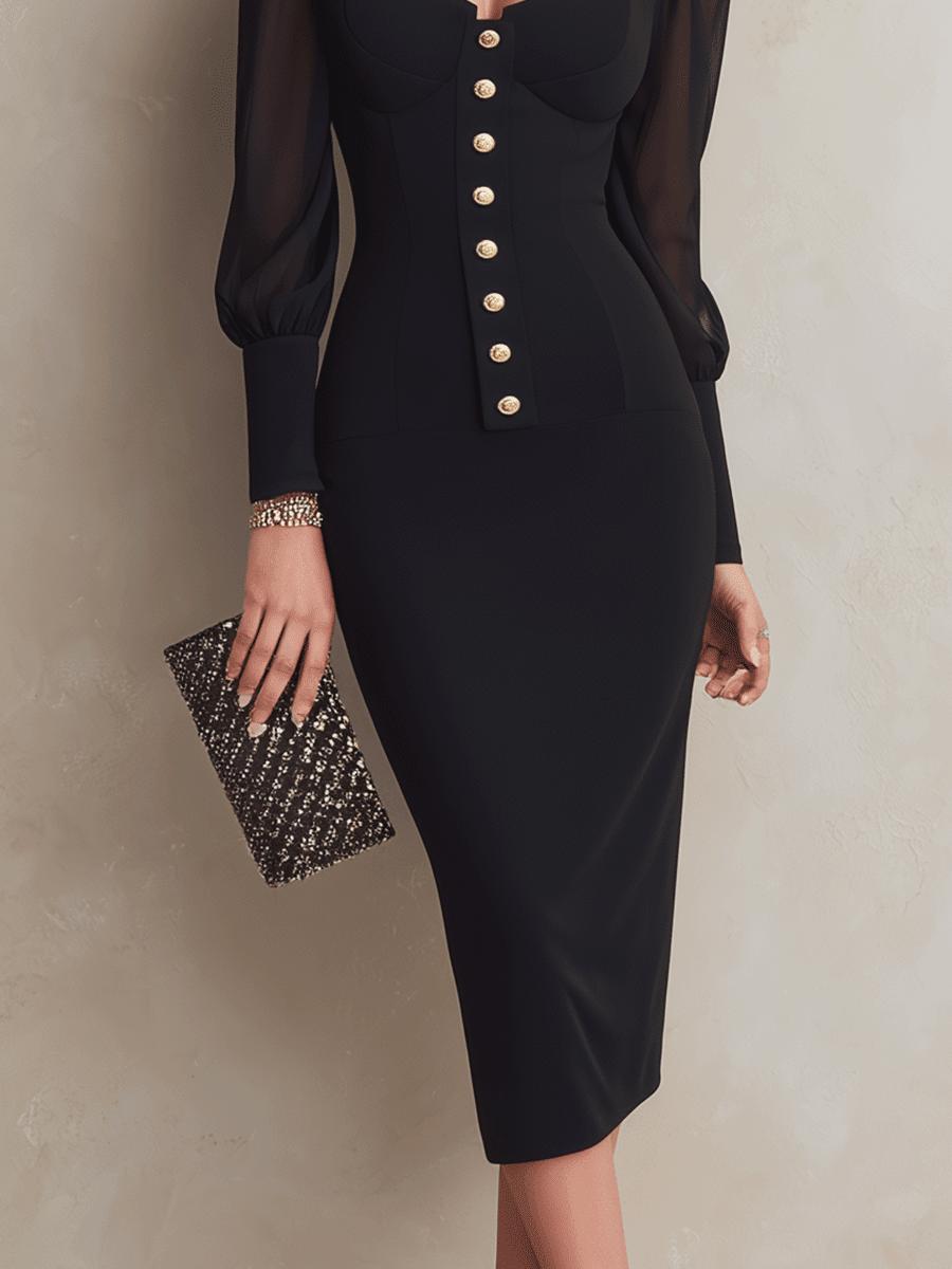 VESTIDO MIDI NEGRO ENTALLADO CON ESCOTE CUADRADO - VALERINA MARBELLA