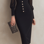 VESTIDO MIDI NEGRO ENTALLADO CON ESCOTE CUADRADO - VALERINA MARBELLA