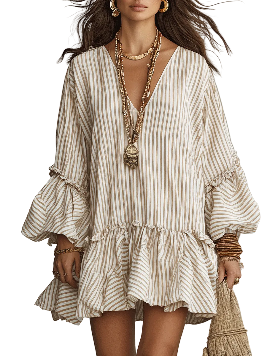 Sand Stripe Ruffled Boho Mini Dress