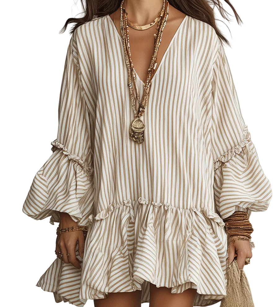 Sand Stripe Ruffled Boho Mini Dress