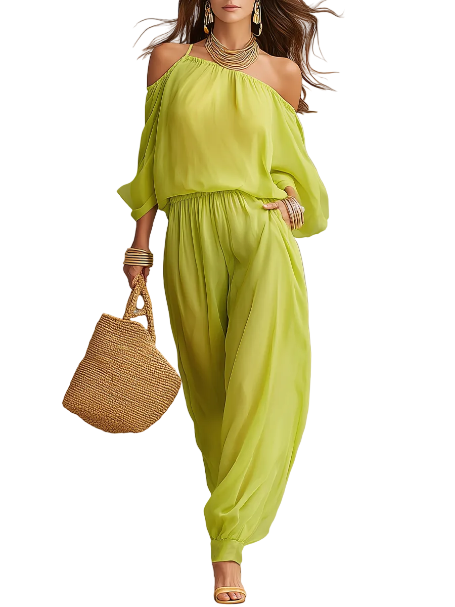 Vibrant Lime Green Halter Cold-Shoulder Sheer Trouser Co-ord Set