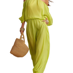 Vibrant Lime Green Halter Cold-Shoulder Sheer Trouser Co-ord Set