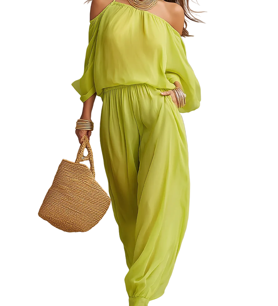 Vibrant Lime Green Halter Cold-Shoulder Sheer Trouser Co-ord Set