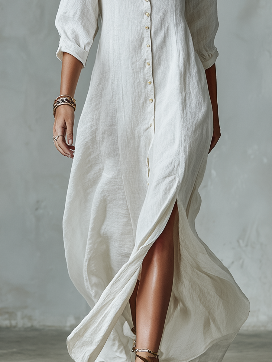 Timeless Square-Neck Linen Button-Front Maxi Dress
