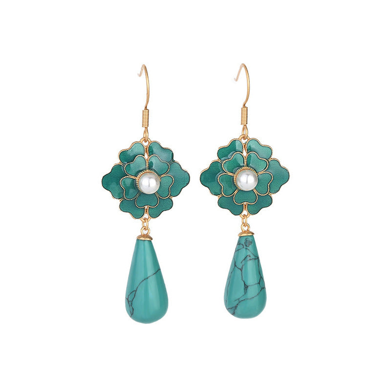 PENDIENTES ELEGANTE VINTAGE TURQUESA FLORAL DESIGN & PERLA GOTA