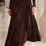 VESTIDO LARGO DE PUNTO CANALÉ MARRÓN CHOCOLATE CON UN HOMBRO - VALERINA MARBELLA