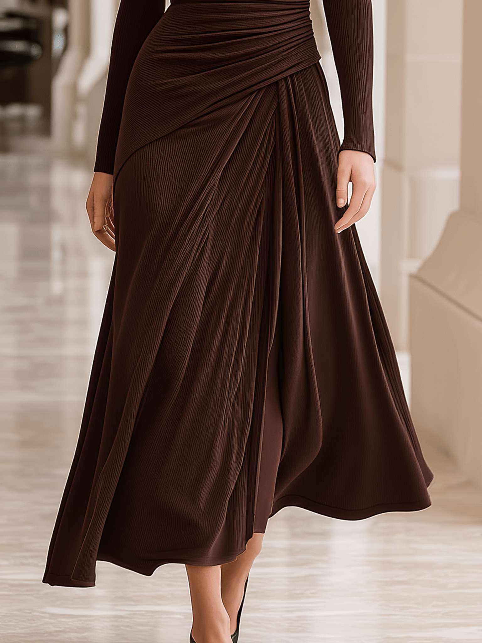 VESTIDO LARGO DE PUNTO CANALÉ MARRÓN CHOCOLATE CON UN HOMBRO - VALERINA MARBELLA