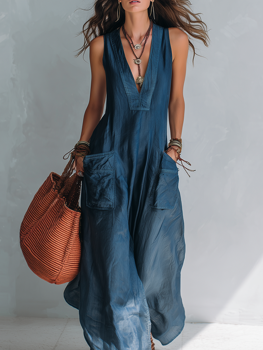 Bohemian-style Wide-leg Jumpsuit With Practical Pockets.
