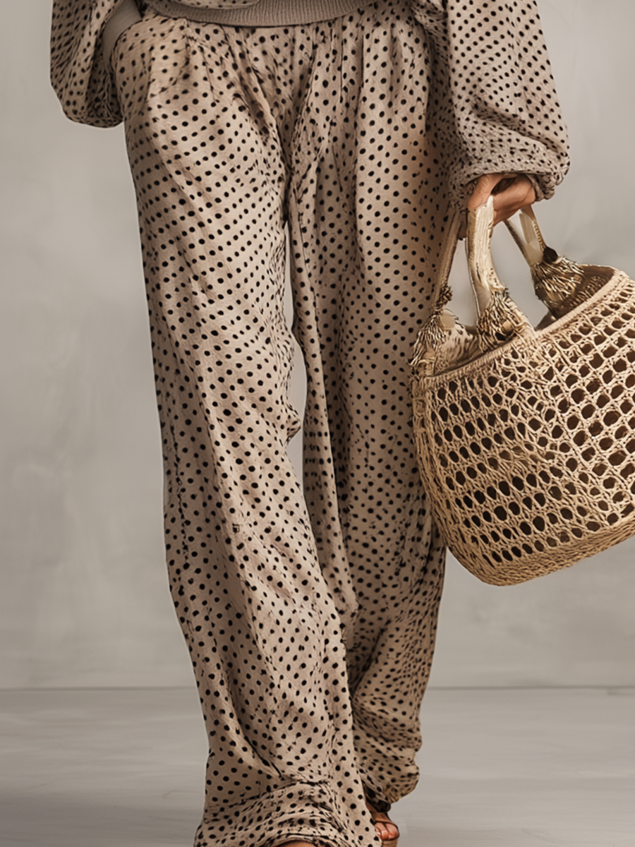 Chic Taupe Polka-Dot Off-the-Shoulder Oversized Top & Wide-Leg Trouser Co-ord Set