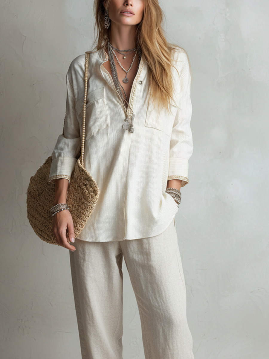 Casual Off-white Linen Shirt And Straight-leg Trousers Set.