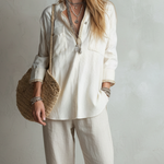 Casual Off-white Linen Shirt And Straight-leg Trousers Set.