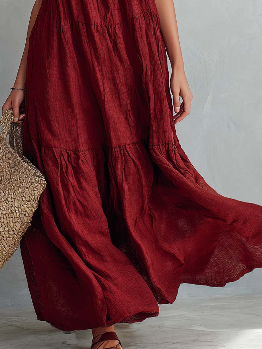 Relaxed Spaghetti Straps Cotton Linen Maxi Dress