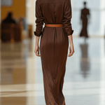 VESTIDO LARGO CAMISERO MARRÓN CHOCOLATE DE SATÉN CON CINTURÓN - VALERINA MARBELLA
