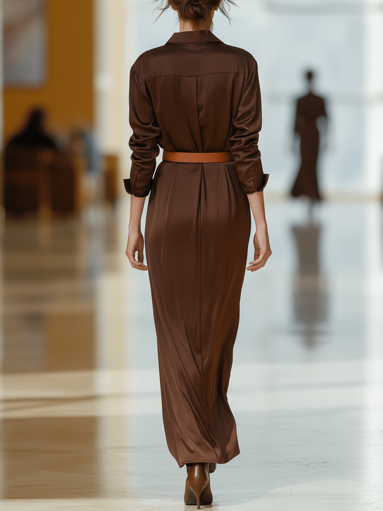 VESTIDO LARGO CAMISERO MARRÓN CHOCOLATE DE SATÉN CON CINTURÓN - VALERINA MARBELLA