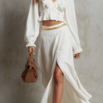 Romantic Ivory Ruffle Crop Top & Slit Skirt Set