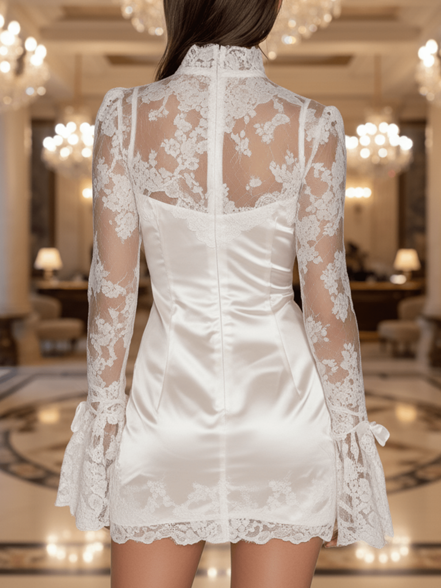 VESTIDO CORTO BLANCO DE SATÉN Y ENCAJE CON MANGA LARGA - VALERINA MARBELLA