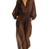 Chocolate Brown Semi-Sheer Chiffon Button-Front Jumpsuit