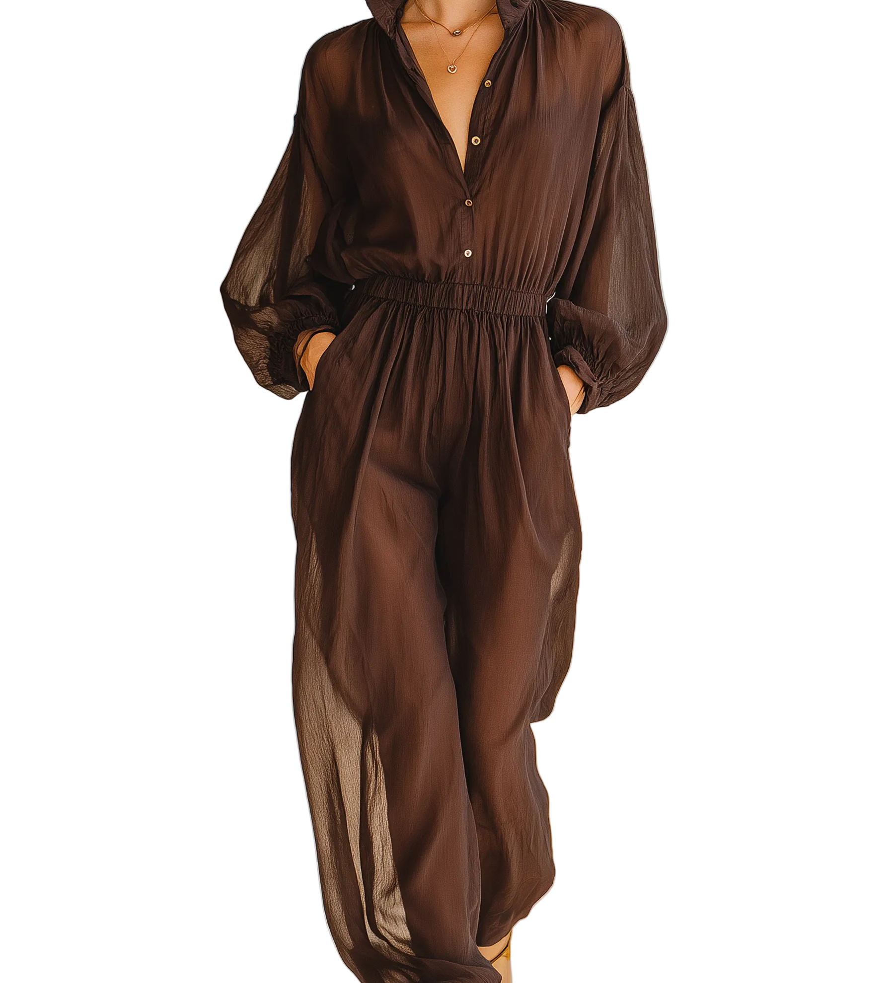 Chocolate Brown Semi-Sheer Chiffon Button-Front Jumpsuit