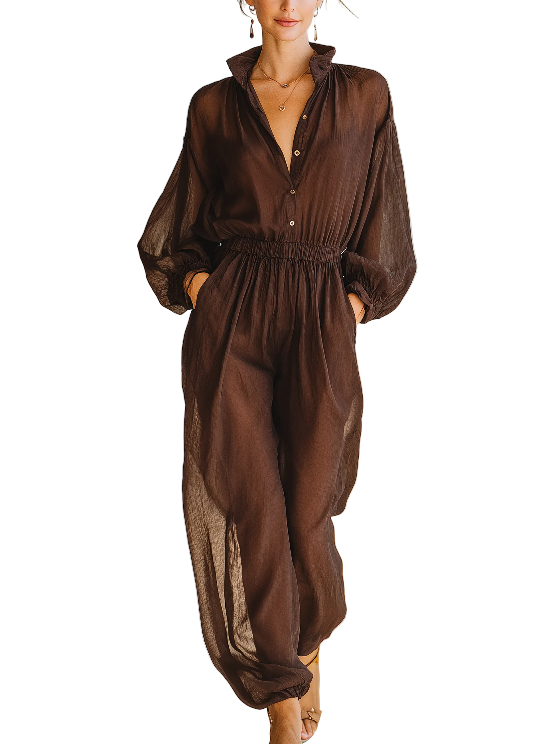 Chocolate Brown Semi-Sheer Chiffon Button-Front Jumpsuit
