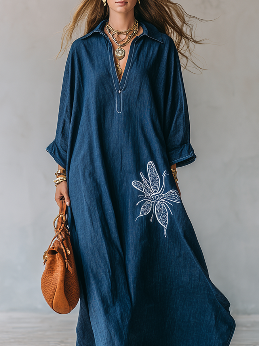 Retro Dragonfly Pattern Loose-fitting Dark Blue Dress