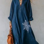 Retro Dragonfly Pattern Loose-fitting Dark Blue Dress