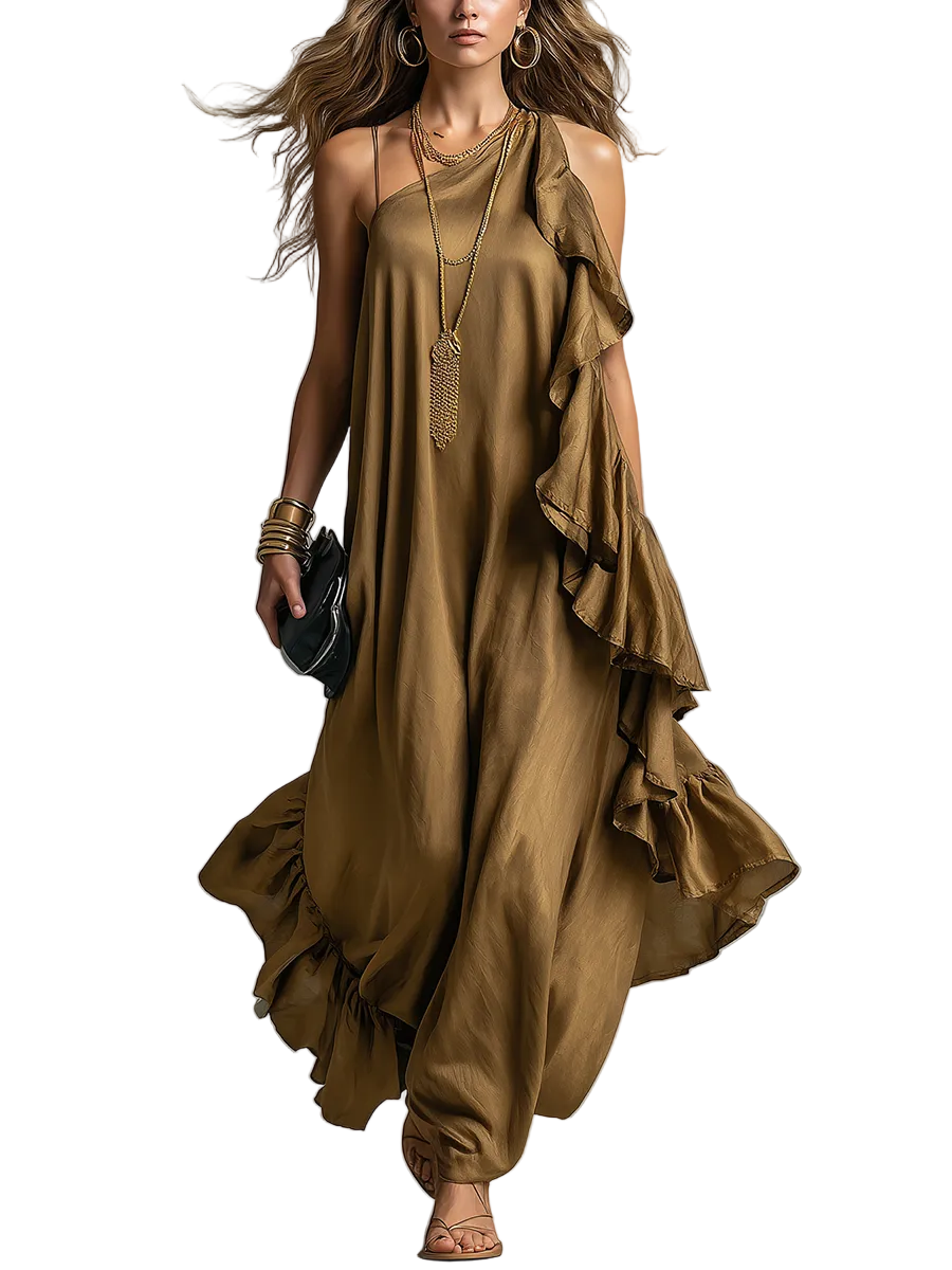 Artful Olive Asymmetric Ruffle Maxi Dress