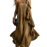 Artful Olive Asymmetric Ruffle Maxi Dress