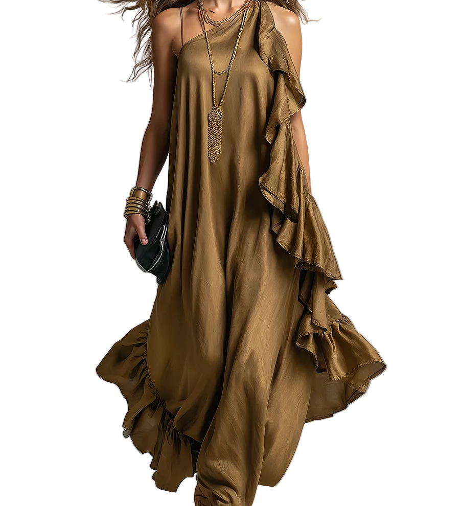 Artful Olive Asymmetric Ruffle Maxi Dress