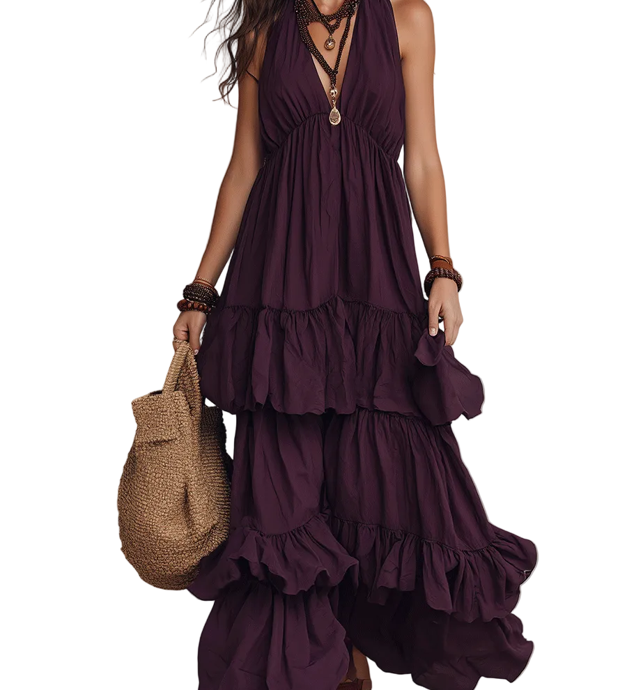 Bohemian Quiet Luxe Plum Flow Tiered Maxi Dress