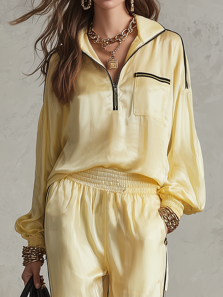 Radiant Relaxed Zip-Neck Blouse & Drawstring Pants Set