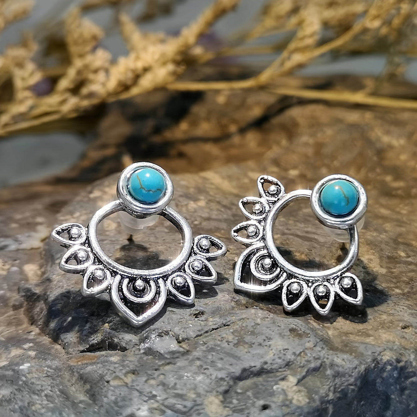 PENDIENTES TURQUESA MANDALA PLATA PLAQUÉ CLOU OREILLE