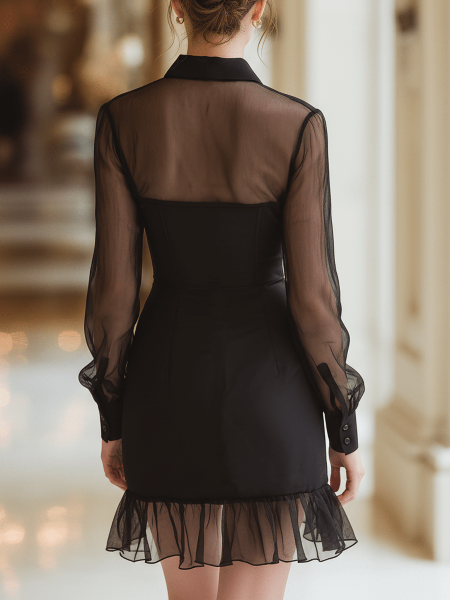 VESTIDO MINI NEGRO AJUSTADO CON PANEL DE MESH - VALERINA MARBELLA