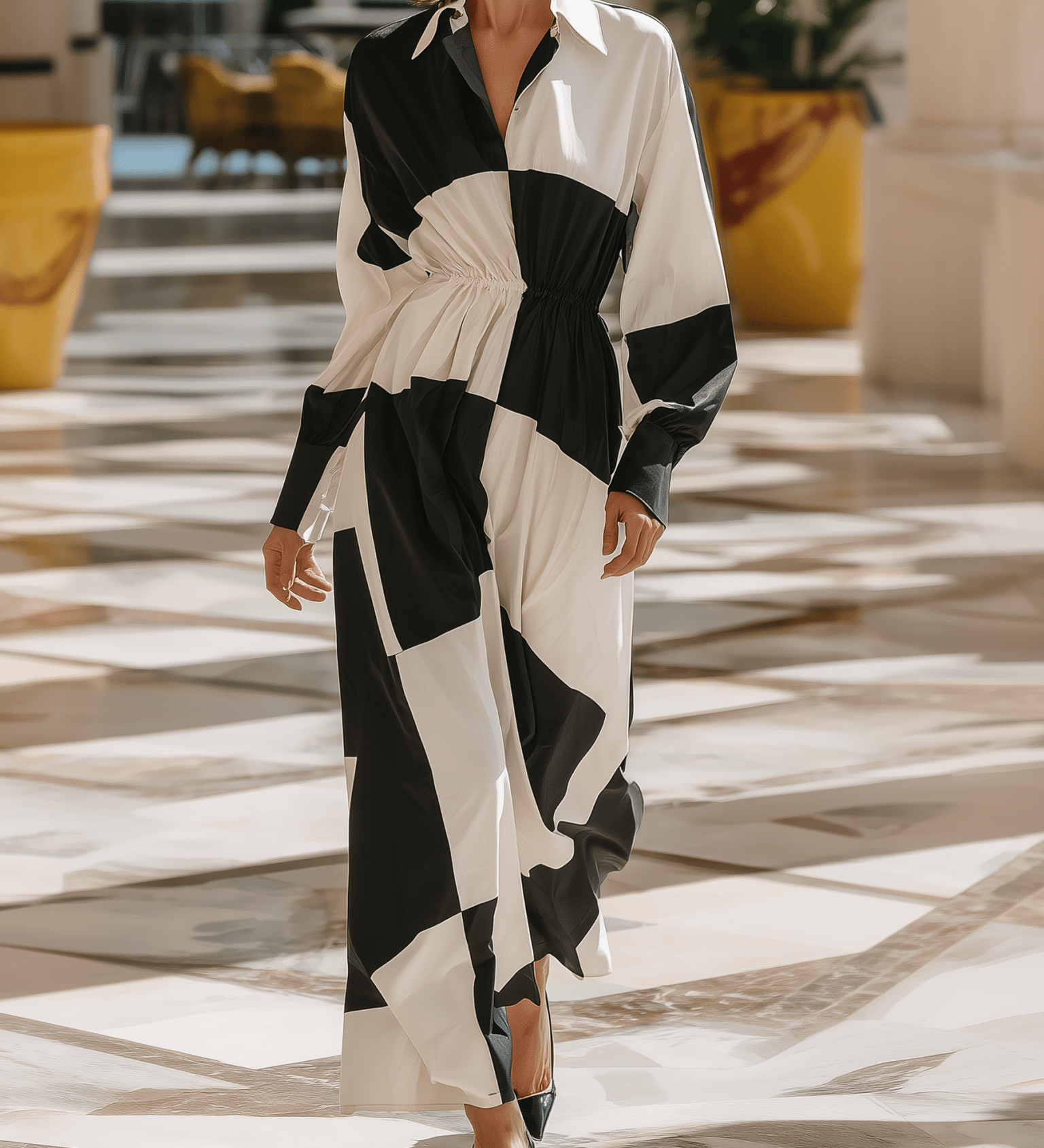 VESTIDO LARGO CAMISERO CON ESTAMPADO GEOMÉTRICO - VALERINA MARBELLA