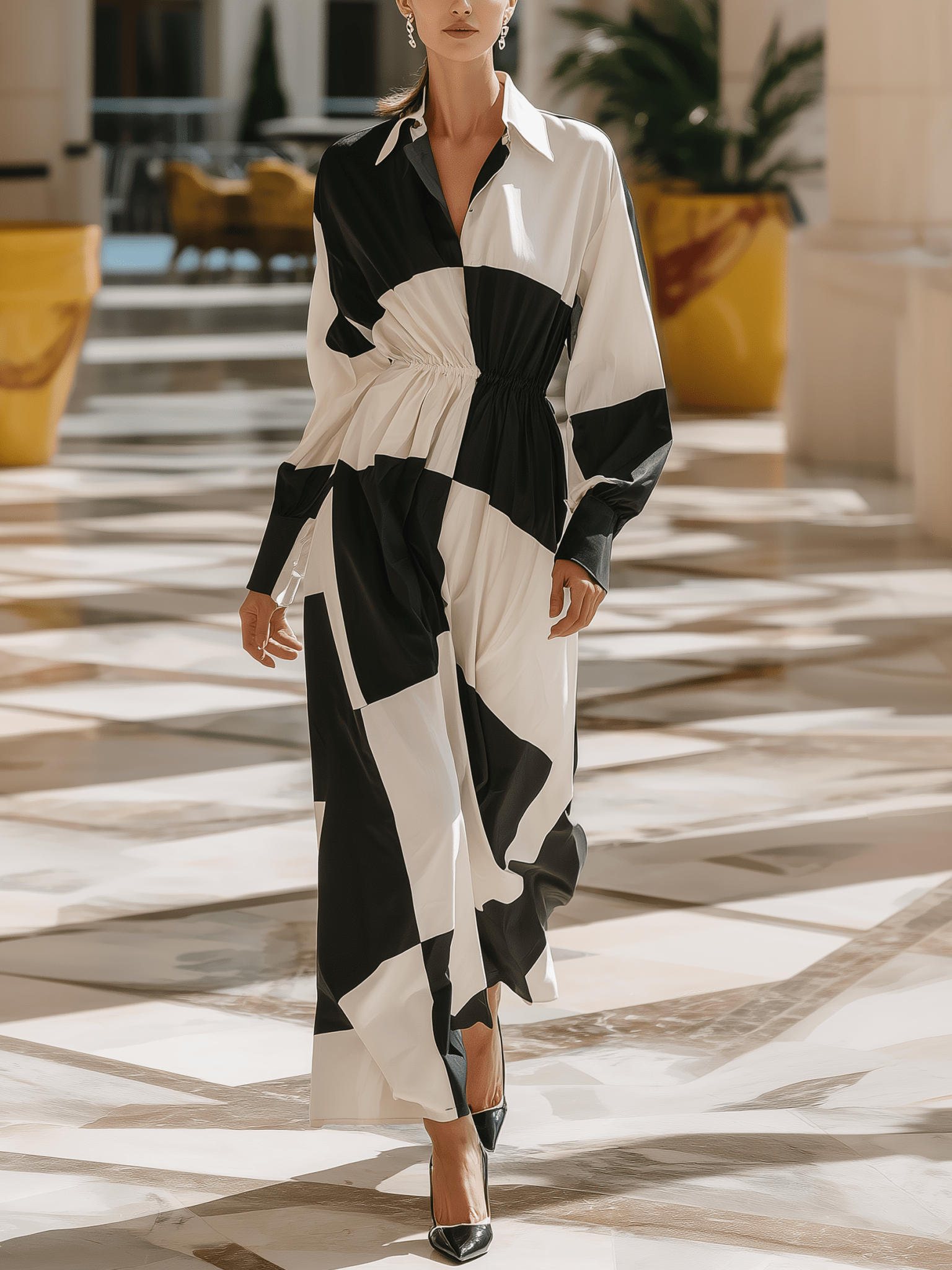 VESTIDO LARGO CAMISERO CON ESTAMPADO GEOMÉTRICO - VALERINA MARBELLA