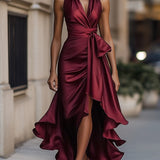 Midnight Elegance Satin Halter Ruffle Gown