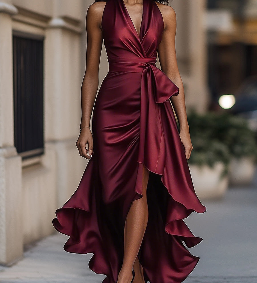 Midnight Elegance Satin Halter Ruffle Gown
