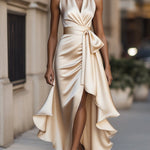 Midnight Elegance Satin Halter Ruffle Gown