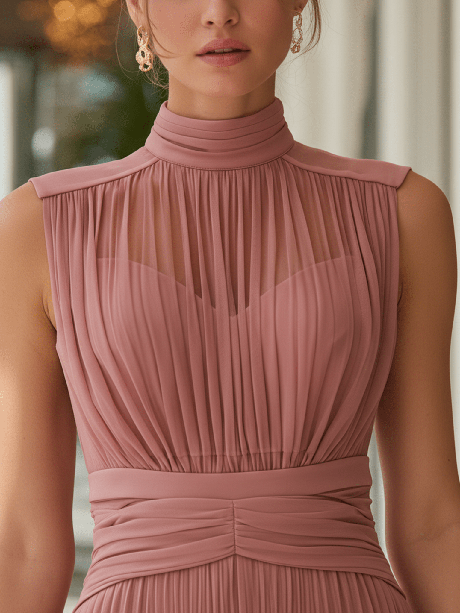 VESTIDO LARGO ROSA EMPOLVADO PLISADO CON CUELLO ALTO Y ABERTURA - VALERINA MARBELLA