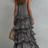 Elegant Grey Romantic Layered Ruffle Long Dress