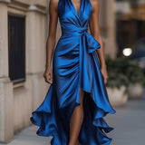 Midnight Elegance Satin Halter Ruffle Gown