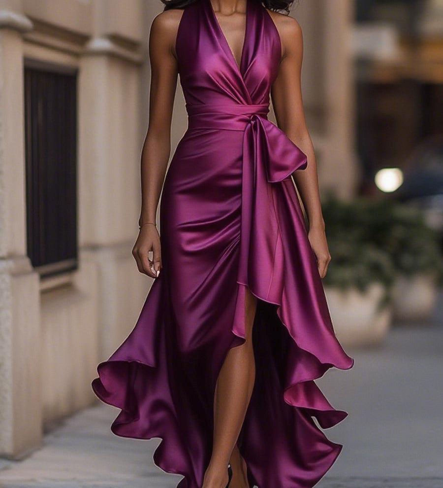 Midnight Elegance Satin Halter Ruffle Gown