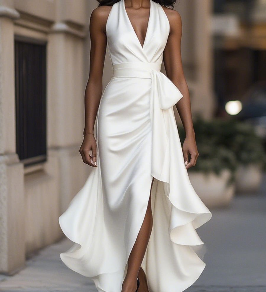 Midnight Elegance Satin Halter Ruffle Gown