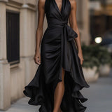 Midnight Elegance Satin Halter Ruffle Gown