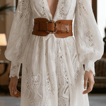 VESTIDO LARGO BLANCO DE ENCAJE CON CINTURÓN COLOR CUERO - VALERINA MARBELLA