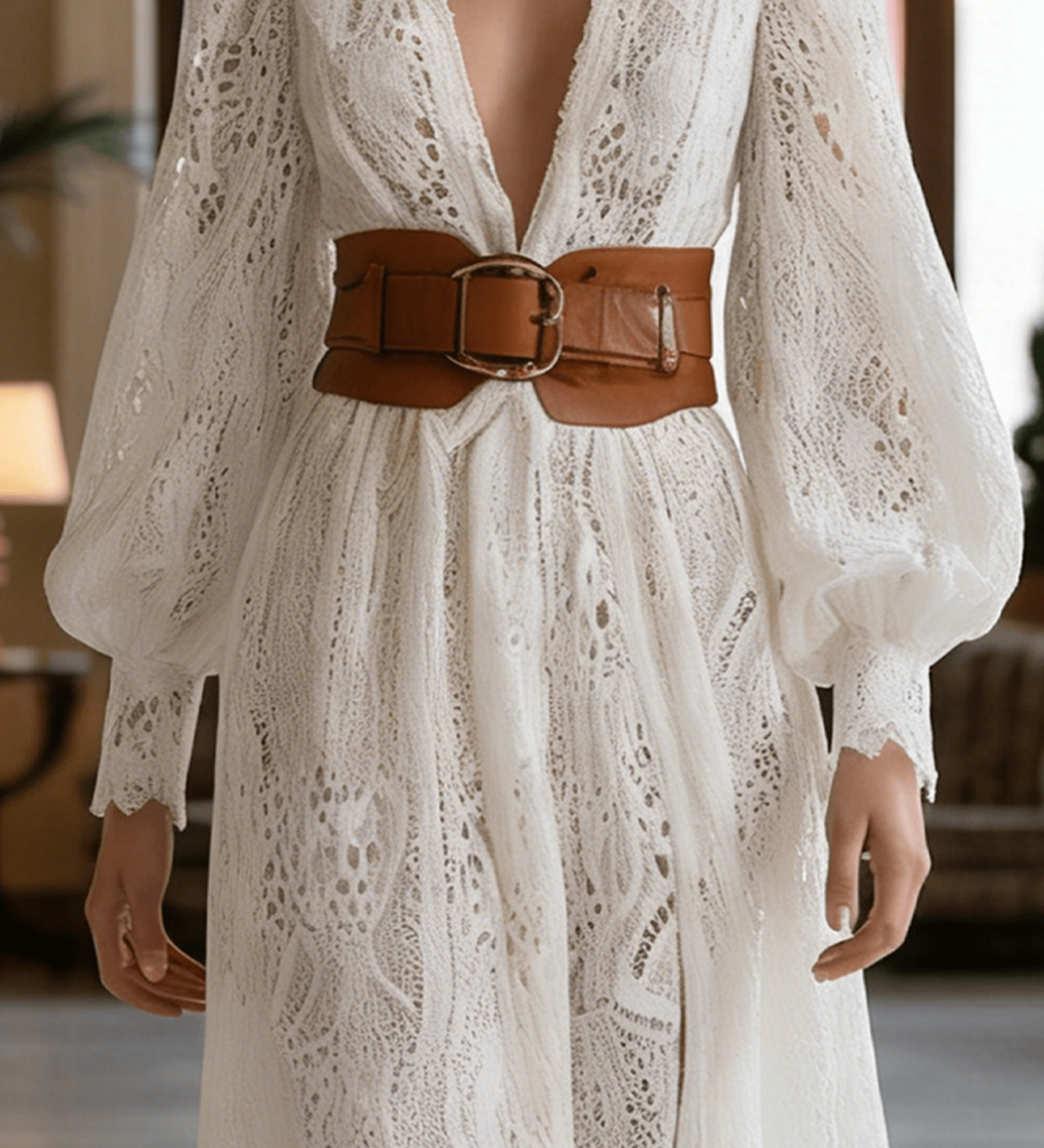 VESTIDO LARGO BLANCO DE ENCAJE CON CINTURÓN COLOR CUERO - VALERINA MARBELLA